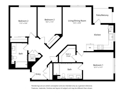 Floor plan for 3 beds, 2 baths, 1322 sqft